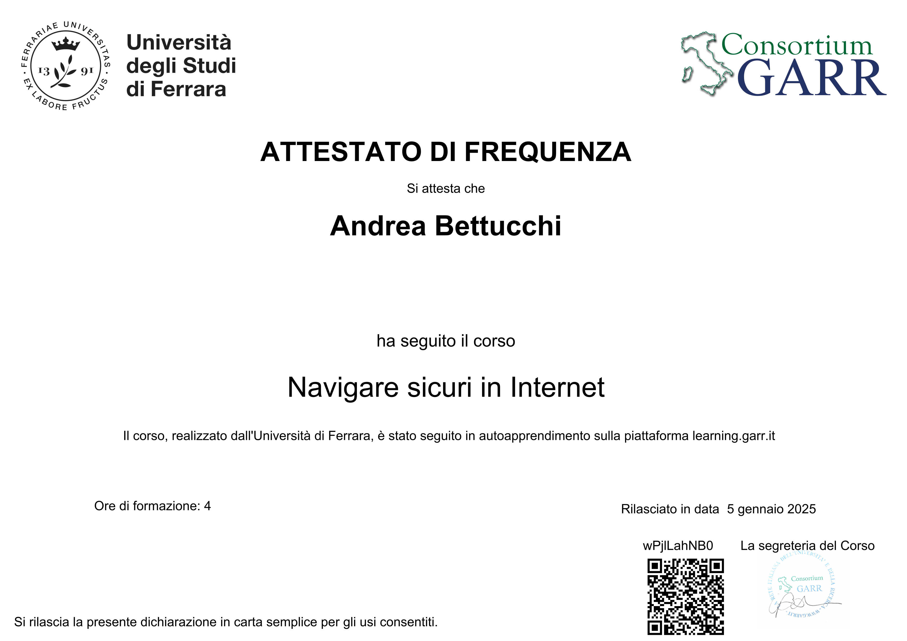 Attestato di Frequenza Navigare sicuri in Internet